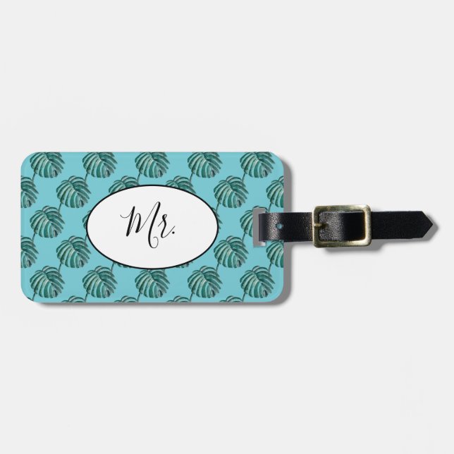 Mr Palm Print Turquoise Luggage Tag (Front Horizontal)