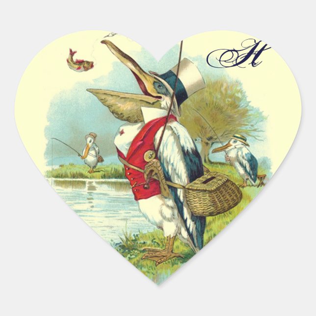 MR PELICAN FISHING HEART MONOGRAM,cream Heart Sticker (Front)
