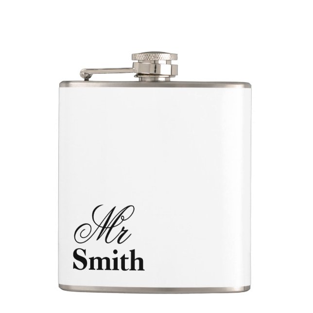Mr Personalized Name White Black Hip Flask (Front)