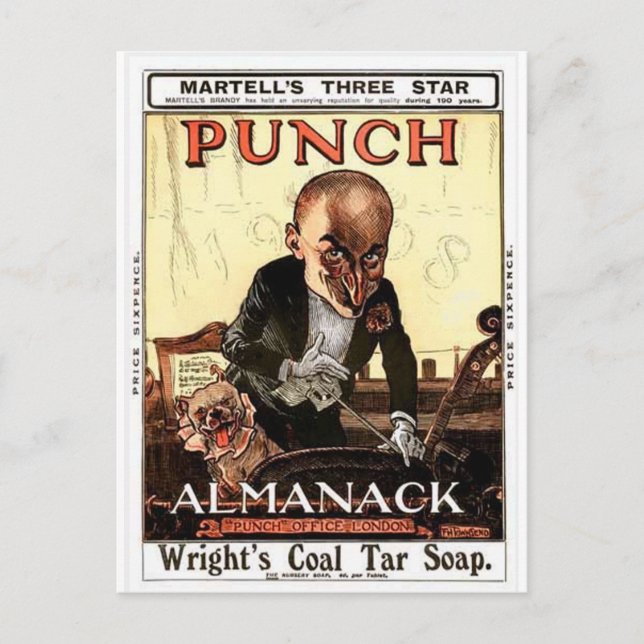 MR PUNCH VINTAGE ALMANACK 1908 PRINT DESIGN POSTCARD (Front)