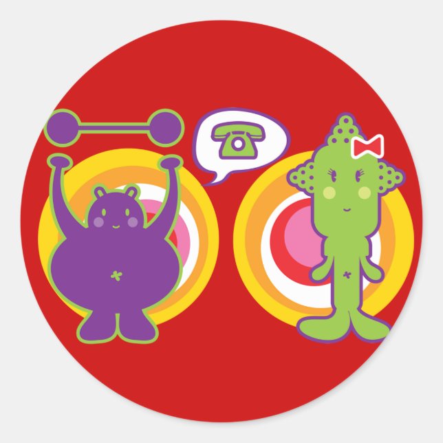 Mr. Purple & Miss Green Cute Cartoon Character Classic Round Sticker (Front)