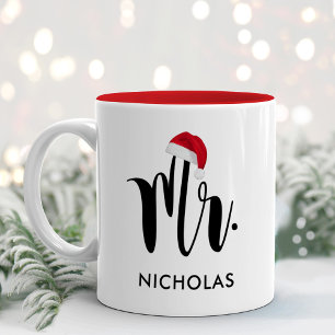 Mr. Red Santa Hat Monogram Holiday Two-Tone Coffee Mug