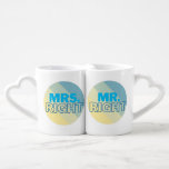 Mr. Right and Mrs. Right Coffee Mug Set<br><div class="desc">Modern minimalist banded stripes with large fun blue text,  "Mr. Right,  Mrs. Right." These hug mugs are an adorable duo gift for bride and groom,  housewarming,  or couple taking the step of moving in together.</div>