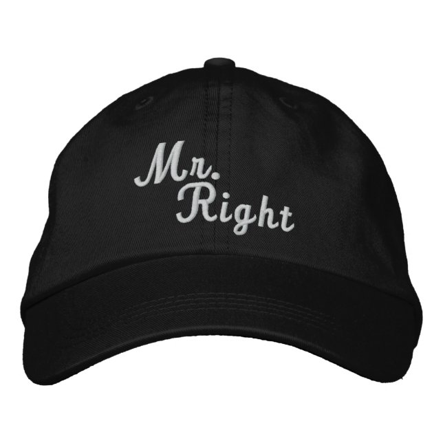 Mr Right Scroll Text Black And White Embroidered Hat (Front)