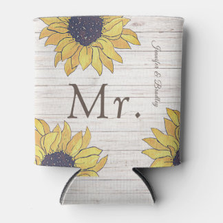 Mr. Rustic White Wood Chic Yellow Sunflower Can Cooler