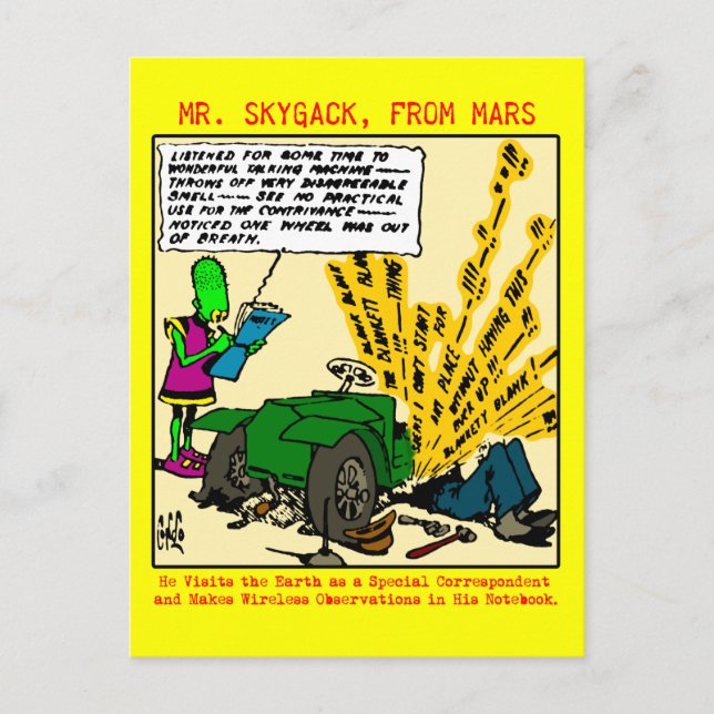 Mr. Skygack observes a broken-down automobile Postcard (Front)