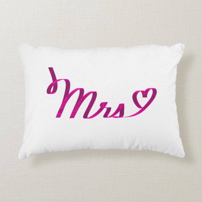"Mrs <3" in Dark Pink Ribbon Accent Pillow (Front)