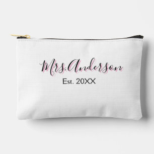 Mrs add name last name black pink est year modern  accessory pouch