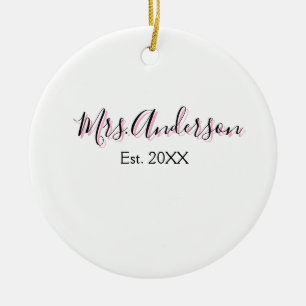Mrs add name last name black pink est year modern ceramic ornament