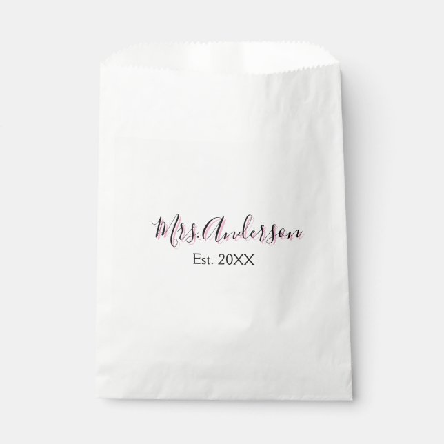 Mrs add name last name black pink est year modern  favour bag (Front)