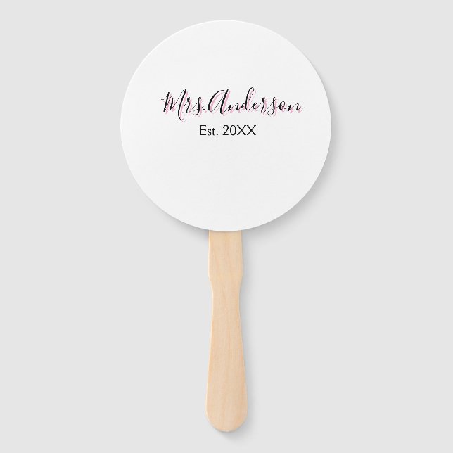Mrs add name last name black pink est year modern  hand fan (Front)