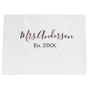 Mrs add name last name black pink est year modern large gift bag