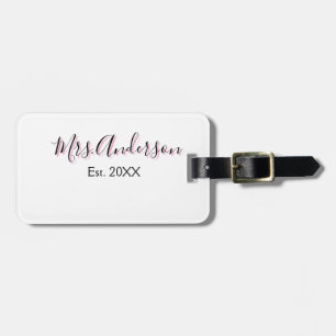 Mrs add name last name black pink est year modern  luggage tag