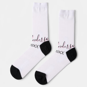 Mrs add name last name black pink est year modern  socks