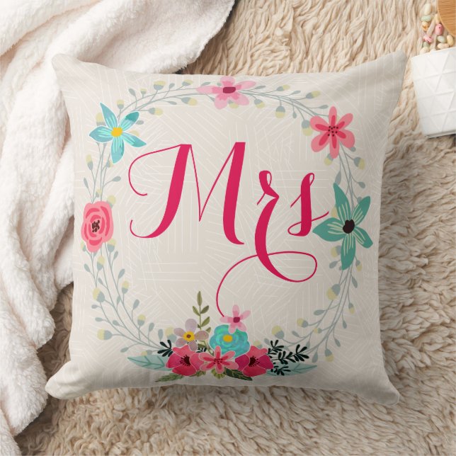Mrs. Always Right Blue Coral Pink Floral Wreath Throw Pillow (Blanket)