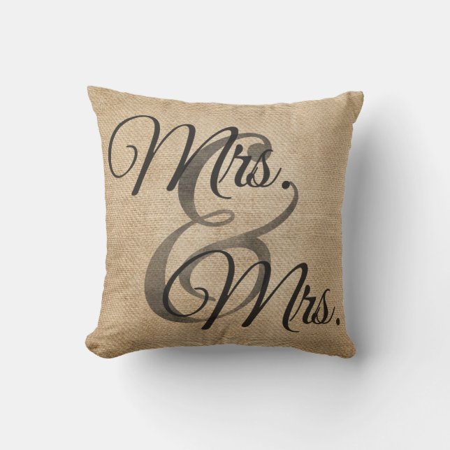 Mrs and Mrs Burlap Wedding Personalized Throw Pillow (Front)