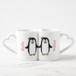 Mrs and Mrs cute penguins love or proposal Coffee Mug Set<br><div class="desc">This coffee mug set features two cute cartoon female penguins with pink bows,  holding each other's wings.
The pink text on the back says: Do you know that penguins mate for life? 
Will you be my penguin?</div>
