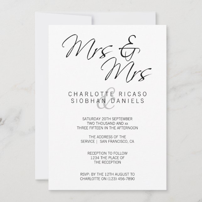 Mrs And Mrs Elegant Text Lesbian Wedding Invitation (Front)