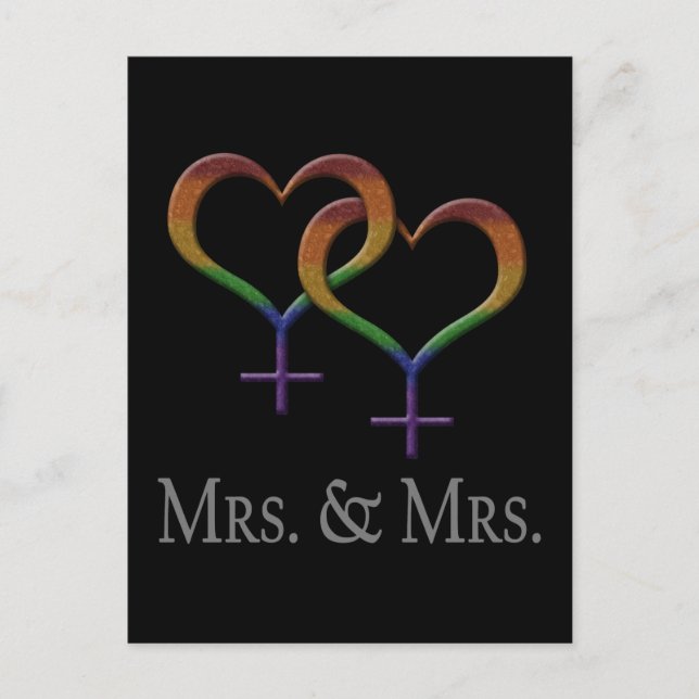 Mrs. and Mrs. Lesbian Pride Rainbow Symbols Postcard (Front)