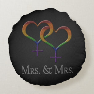 Mrs. and Mrs. Lesbian Pride Rainbow Symbols Round Pillow
