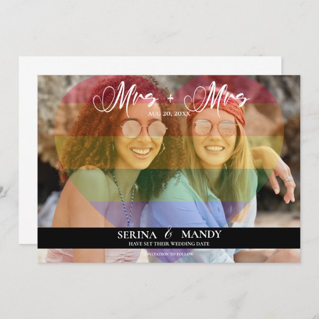 Mrs and Mrs LGBTQ Transparent Heart Photo Overlay Save The Date (Front/Back)