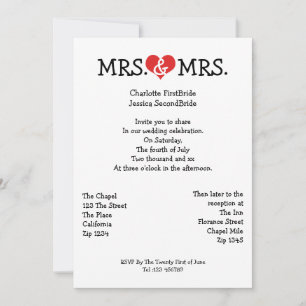 Mrs and Mrs Love Heart Lesbian Wedding Invitation