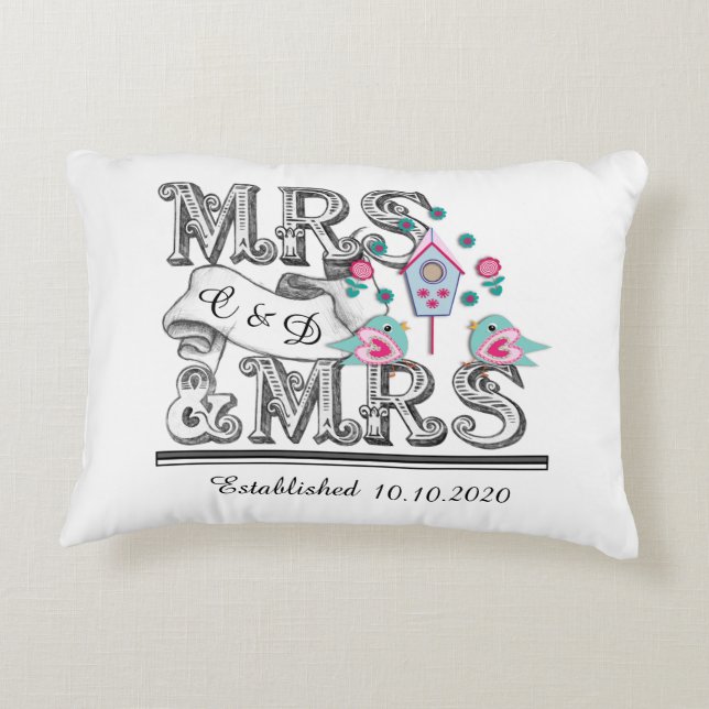 Mrs and Mrs Personalized Lesbian Wedding Gift Accent Pillow (Back)