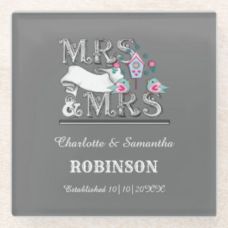 Mrs and Mrs Personalized Lesbian Wedding Gift Glass Coaster