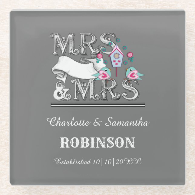 Mrs and Mrs Personalized Lesbian Wedding Gift Glass Coaster (Front)