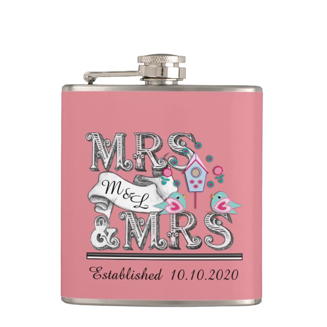 Mrs and Mrs Personalized Lesbian Wedding Gifts Hip Flask (Front)