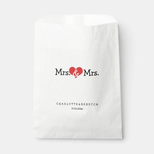 Mrs and Mrs Red Heart Wedding Personalized Favour Bag (Front)