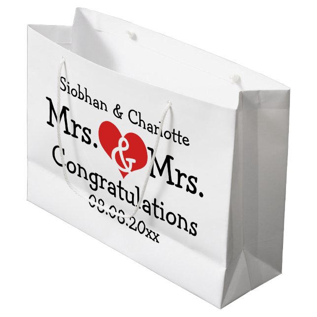 Mrs and Mrs Red Heart Wedding Personalized Large Gift Bag (Front Angled)