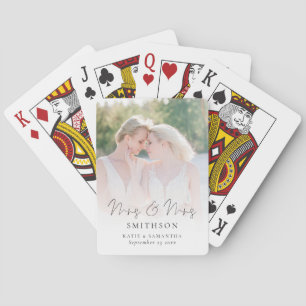 Mrs and Mrs Script Photo Overlay Lesbian Wedding Playing Cards