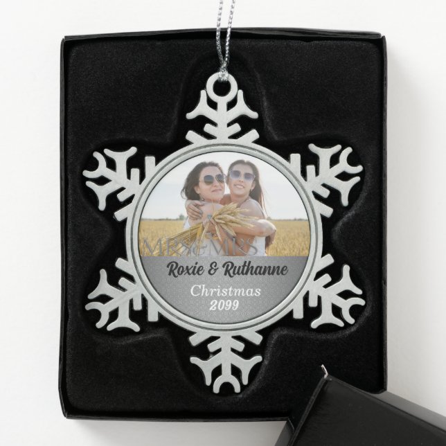 Mrs and Mrs Silver Damask Photo Snowflake Pewter Christmas Ornament (Box)