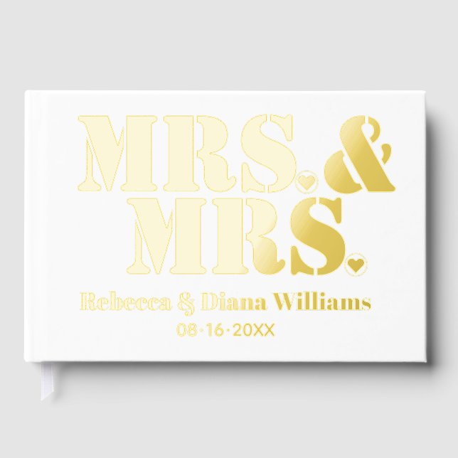 Mrs. and Mrs. typography lesbian white wedding Guest Book (Front)
