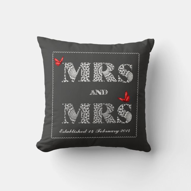 Mrs and Mrs White Lace  Word Art  Red Butterflies Throw Pillow (Front)