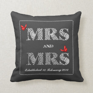 Mrs and Mrs White Lace Word Art Red Butterflies Throw Pillow