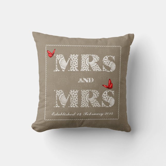 Mrs and Mrs White Lace  Word Art  Red Butterflies Throw Pillow (Front)