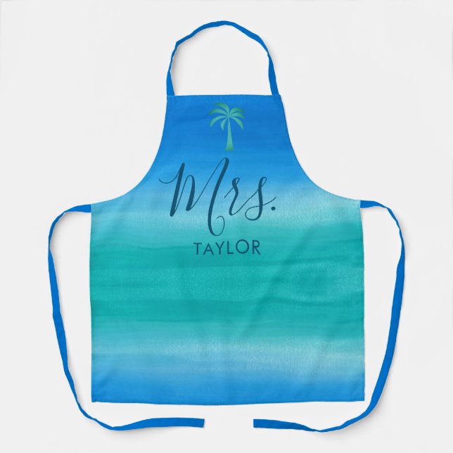 Mrs. Beach Ombre Ocean Blue Green Wedding Gift Apron (Front)