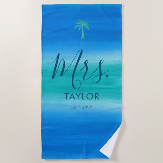 Mrs. Beach Ombre Ocean Blue Green Wedding Gift Towel (Front)