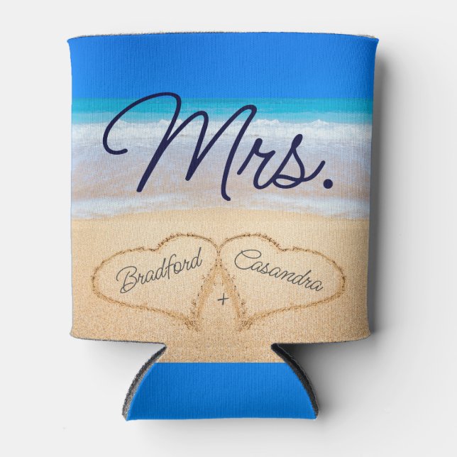 Mrs. Beach Wedding Hearts in Sand  Can Cooler (Front)