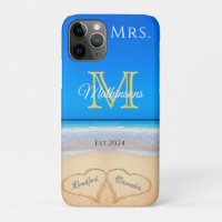 Mrs. Beach Wedding Hearts in Sand Family Monogram 