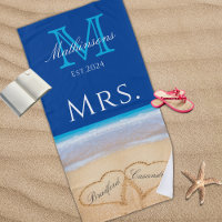 Mrs. Beach Wedding Hearts in Sand Family Monogram