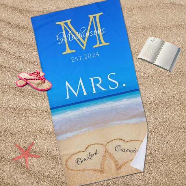 Mrs. Beach Wedding Hearts in Sand Family Monogram  Towel (Creator Uploaded)