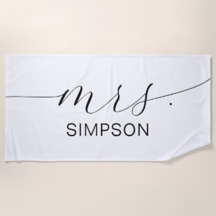 Mrs Black And White Newlywed Bride Personalized  Beach Towel