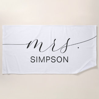 Mrs Black And White Newlywed Bride Personalized  Beach Towel