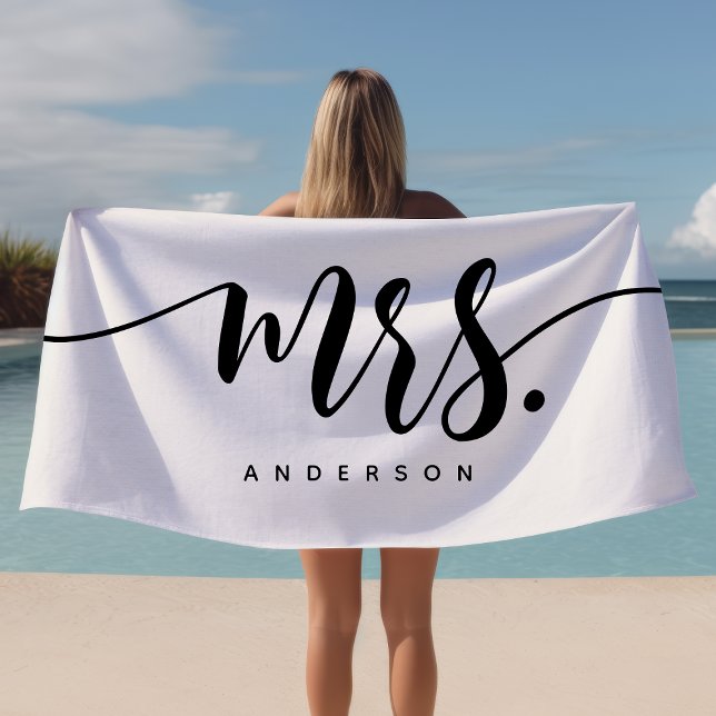 Mrs Black And White Newlywed Bride Personalized Beach Towel (Creator Uploaded)