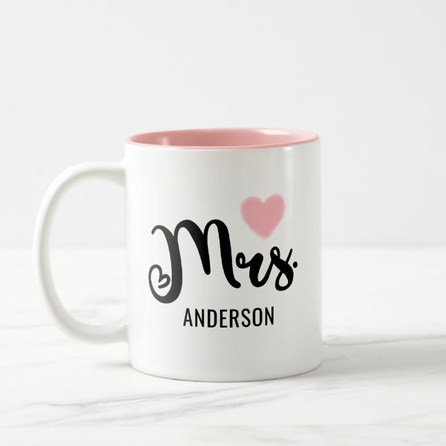 Mrs Black Modern Script Pink Heart Custom Wedding Two-Tone Coffee Mug (Left)