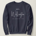 Mrs Black Script Custom Name Bridal Newlywed Sweat Sweatshirt<br><div class="desc">Get ready for your honeymoon with this cozy sweater in dark blue: Modern calligraphy script in black for "Mrs" and your custom text for name and wedding date. Buy one for yourself (congrats btw!) or as a great gift for a newlywed bride! More colours available, just pick your favourite in...</div>