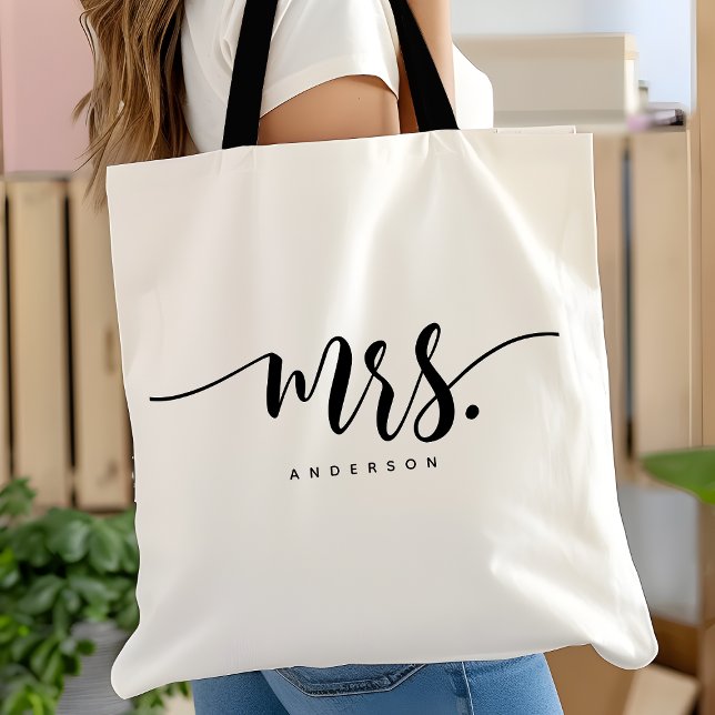 Mrs Black White Newlywed Bride Script Personalized Tote Bag (Creator Uploaded)